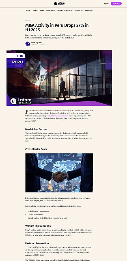 M&A Activity in Peru Drops 27% in H1 2025